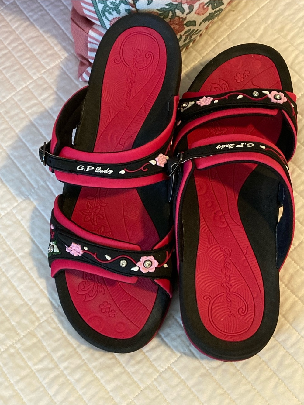 Women's Pink and Floral Sandals Sz10